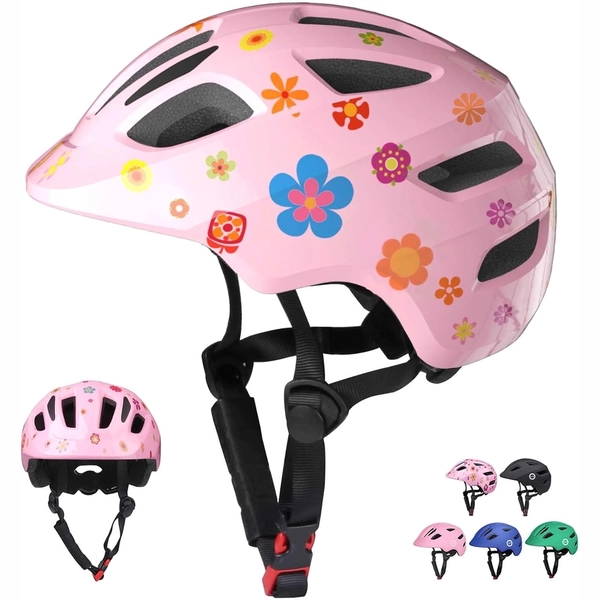 XJD Kids Bike Helmet for Girls, Pink Flowers, Adjustable (XS–S)
