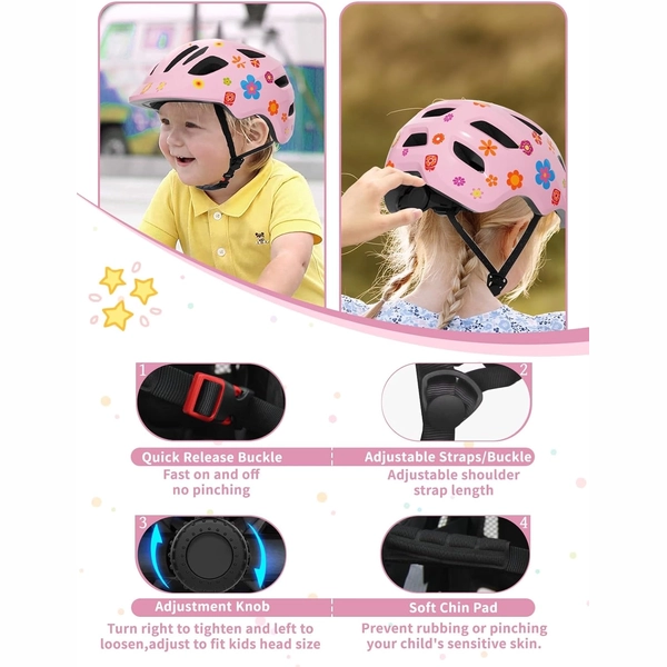 XJD Kids Bike Helmet for Girls, Pink Flowers, Adjustable (XS–S)