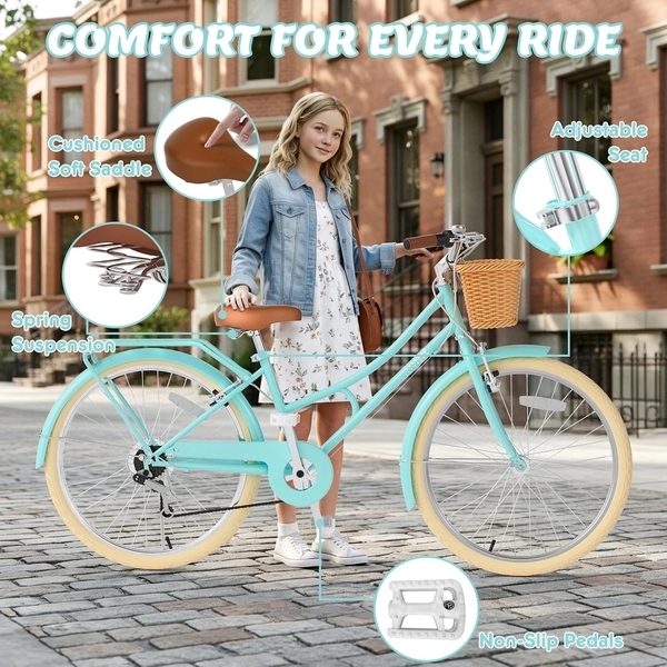 XJD 24-Inch Green Beach Cruiser Bike with U-Brake