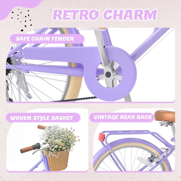 24-Inch Purple XJD Beach Cruiser Bike with U-Brake