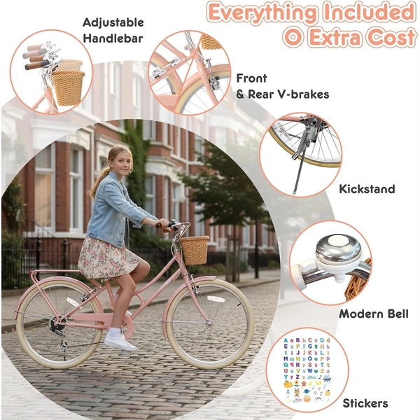 XJD Pink Beach Cruiser for Girls – Rear Rack & V-Brake