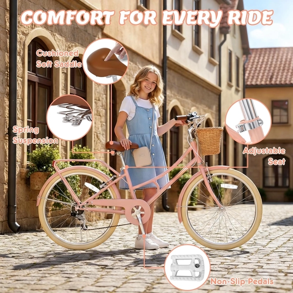 XJD Pink Beach Cruiser for Girls – Rear Rack & V-Brake