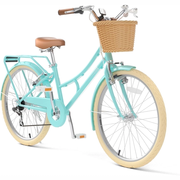 XJD Kids Beach Cruiser Bicycle, Rear Rack & V-Brakes, Mint Green