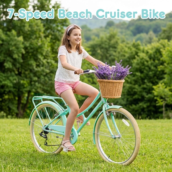 XJD Kids Beach Cruiser Bicycle, Rear Rack & V-Brakes, Mint Green