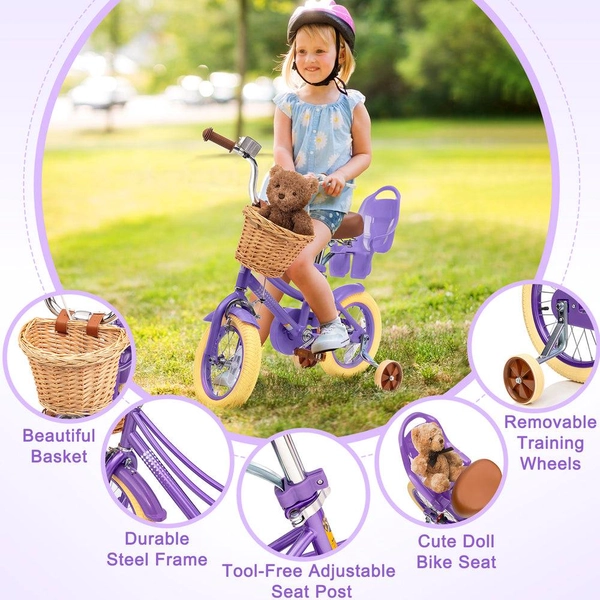 XJD Girls' Bike with Training Wheels, 12/14/16/20 Inch – Purple