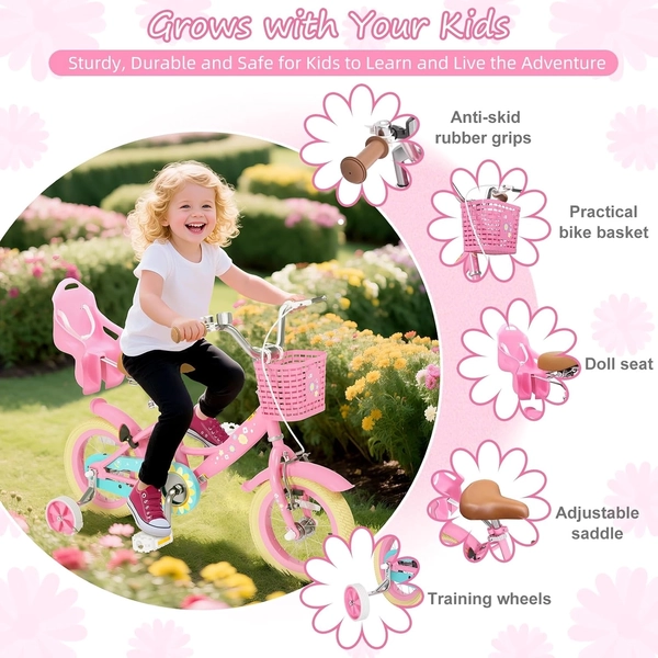 Flower Pink XJD Girls Bike with Doll Seat & Basket
