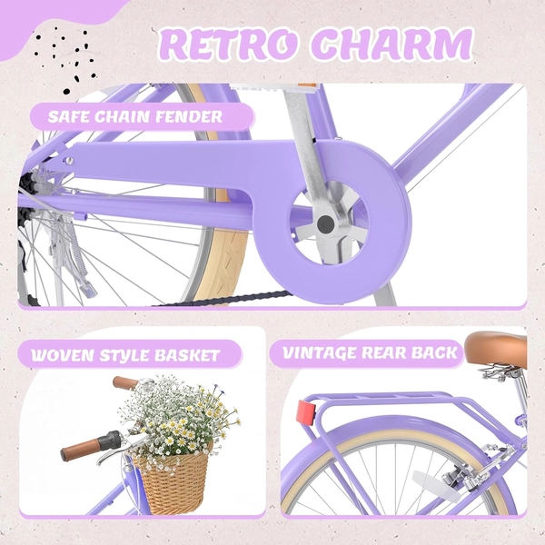 26-Inch XJD Beach Cruiser Bike for Girls – Purple, V-Brake