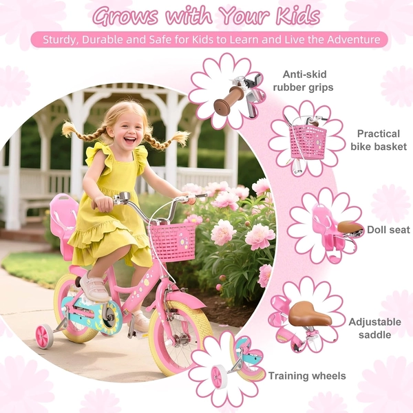 Flower Pink XJD Girls Bike with Doll Seat & Basket