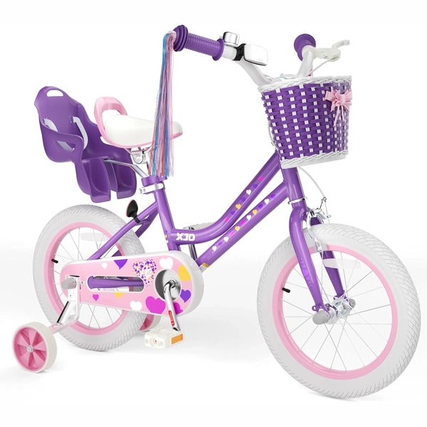 XJD Light Purple Girls Bike with Basket, Training Wheels, 12/14/16/20 Inch