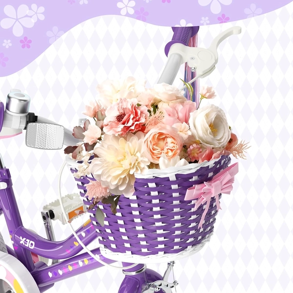 XJD Light Purple Girls Bike with Basket, Training Wheels, 12/14/16/20 Inch
