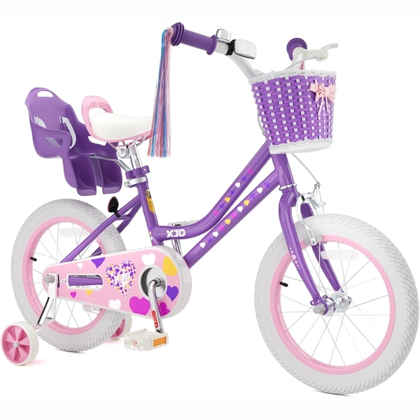 XJD Light Purple Girls Bike with Basket, Training Wheels, 12/14/16/20 Inch