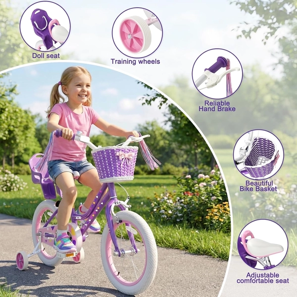 XJD Light Purple Girls Bike with Basket, Training Wheels, 12/14/16/20 Inch