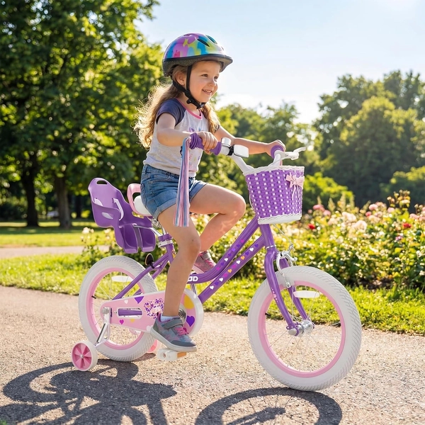 XJD Light Purple Girls Bike with Basket, Training Wheels, 12/14/16/20 Inch