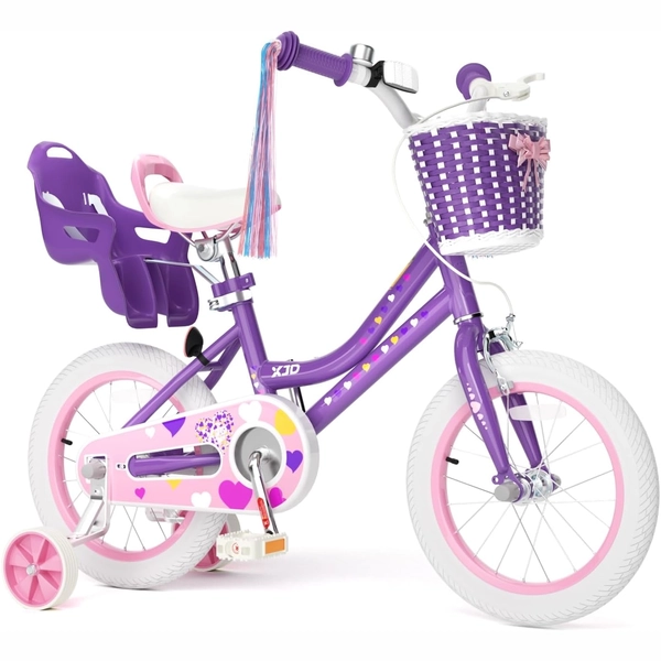XJD Light Purple Girls Bike with Basket, Training Wheels, 12/14/16/20 Inch