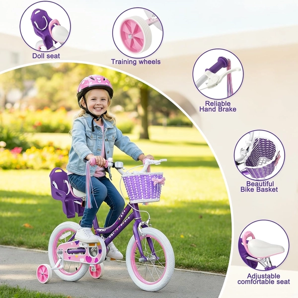 XJD Light Purple Girls Bike with Basket, Training Wheels, 12/14/16/20 Inch