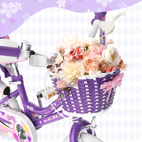 XJD Light Purple Girls Bike with Basket, Training Wheels, 12/14/16/20 Inch