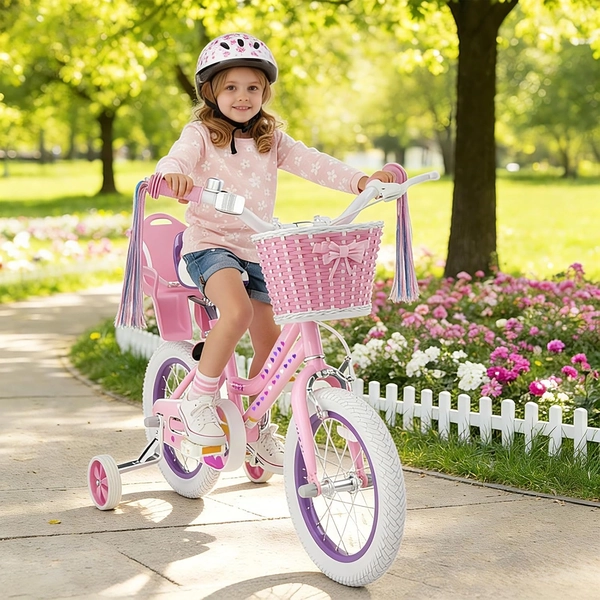 Light Pink XJD Girls' Bicycle with Basket & Training Wheels
