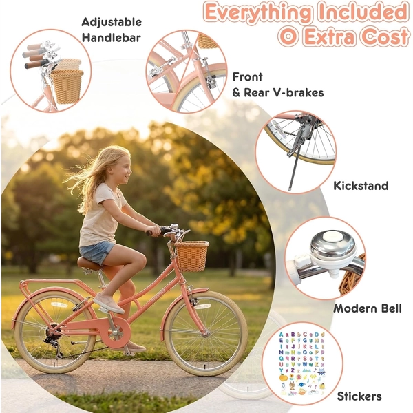 XJD Pink Beach Cruiser for Girls – Rear Rack & V-Brake
