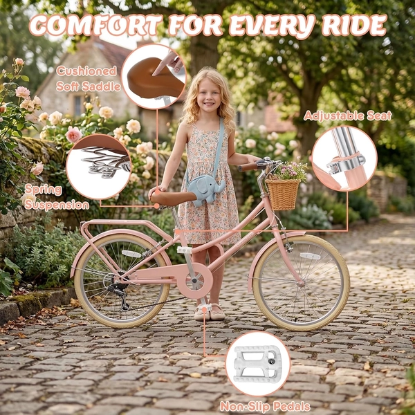 XJD Pink Beach Cruiser for Girls – Rear Rack & V-Brake