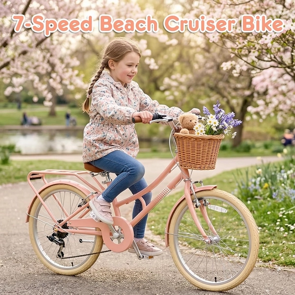 XJD Pink Beach Cruiser for Girls – Rear Rack & V-Brake