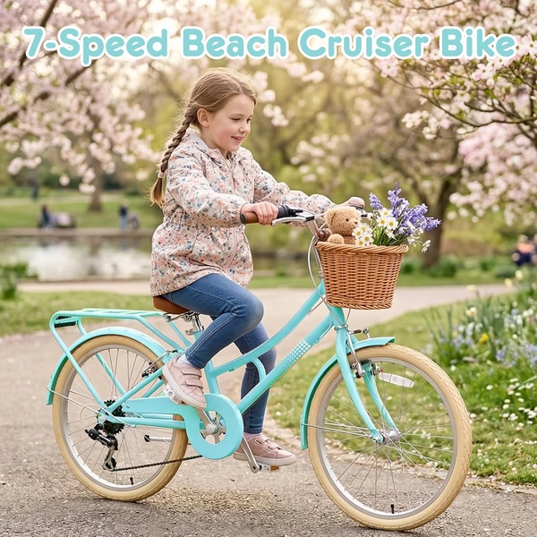 XJD Kids Beach Cruiser Bicycle, Rear Rack & V-Brakes, Mint Green