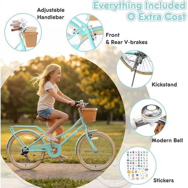 XJD Kids Beach Cruiser Bicycle, Rear Rack & V-Brakes, Mint Green