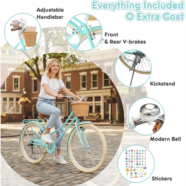 XJD Kids Beach Cruiser Bicycle, Rear Rack & V-Brakes, Mint Green