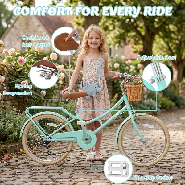 XJD Kids Beach Cruiser Bicycle, Rear Rack & V-Brakes, Mint Green