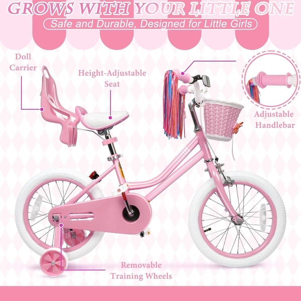 XJD Pink Girls' Bike – Kids 12/14/16 Inch Training Wheel Bicycle