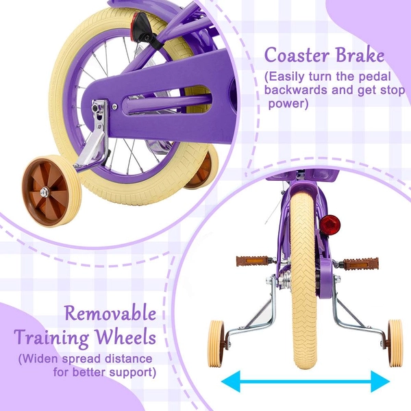 XJD Girls' Bike with Training Wheels, 12/14/16/20 Inch – Purple