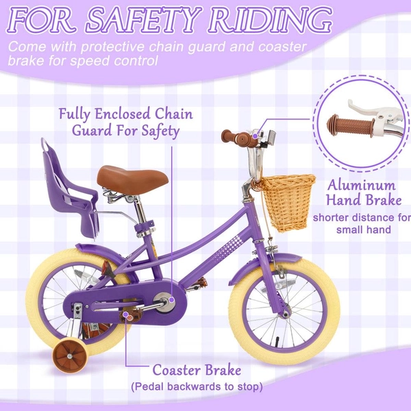 XJD Girls' Bike with Training Wheels, 12/14/16/20 Inch – Purple