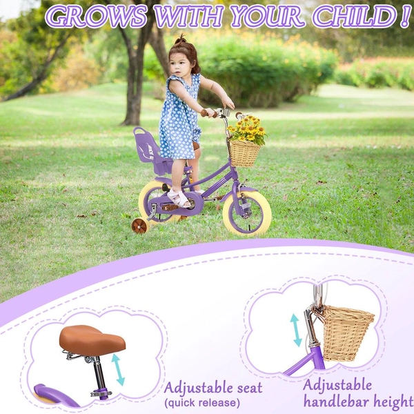 XJD Girls' Bike with Training Wheels, 12/14/16/20 Inch – Purple