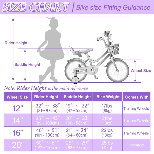 XJD Girls' Bike with Training Wheels, 12/14/16/20 Inch – Purple