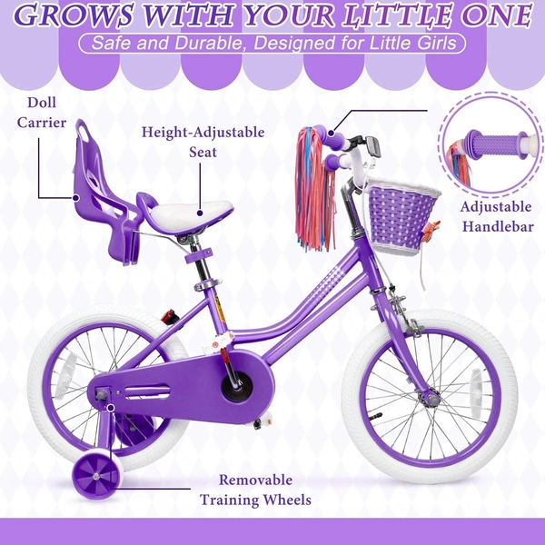 XJD Girls Bike for Kids Ages 3-8, 12/14/16 Inch with Training Wheels – Purple