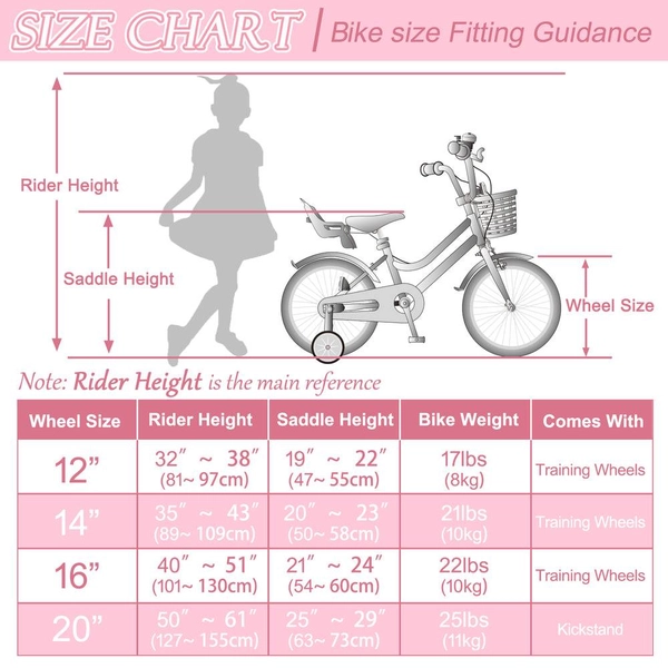 XJD Kids Bike for Girls – Pink, 12/14/16/20 Inch with Training Wheels