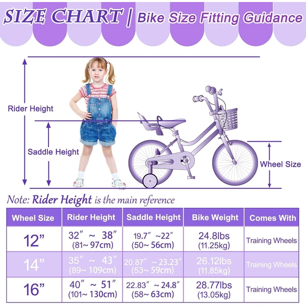 XJD Girls Bike for Kids Ages 3-8, 12/14/16 Inch with Training Wheels – Purple