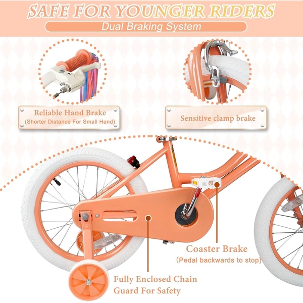 Girls 12/14/16 Inch Kids Bike by XJD with Training Wheels – Peach
