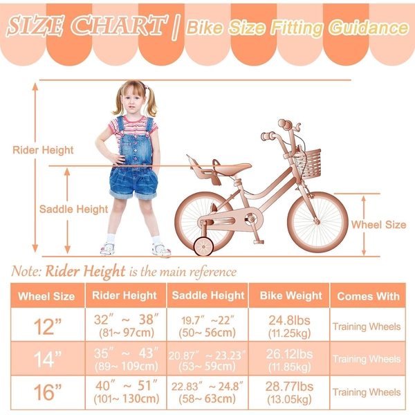 Girls 12/14/16 Inch Kids Bike by XJD with Training Wheels – Peach
