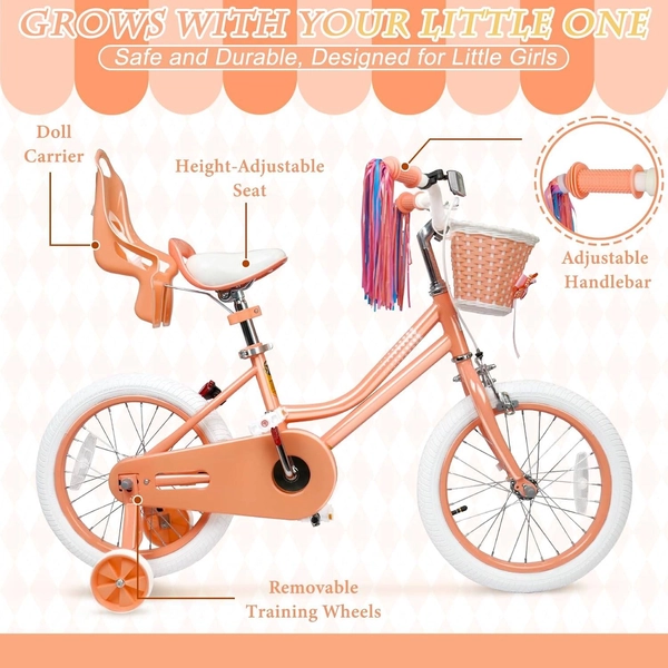 Girls 12/14/16 Inch Kids Bike by XJD with Training Wheels – Peach